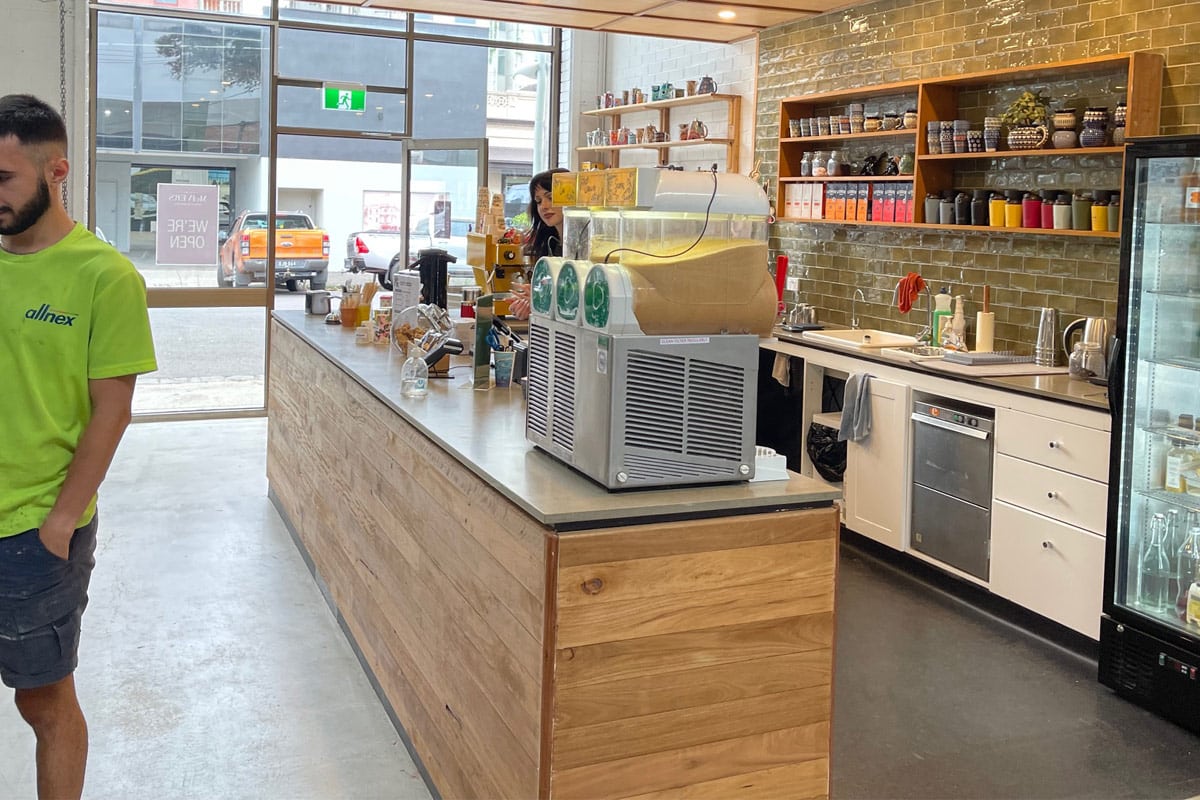 Cafe shop design with ECO Sustainable benchtops Outback Earth
