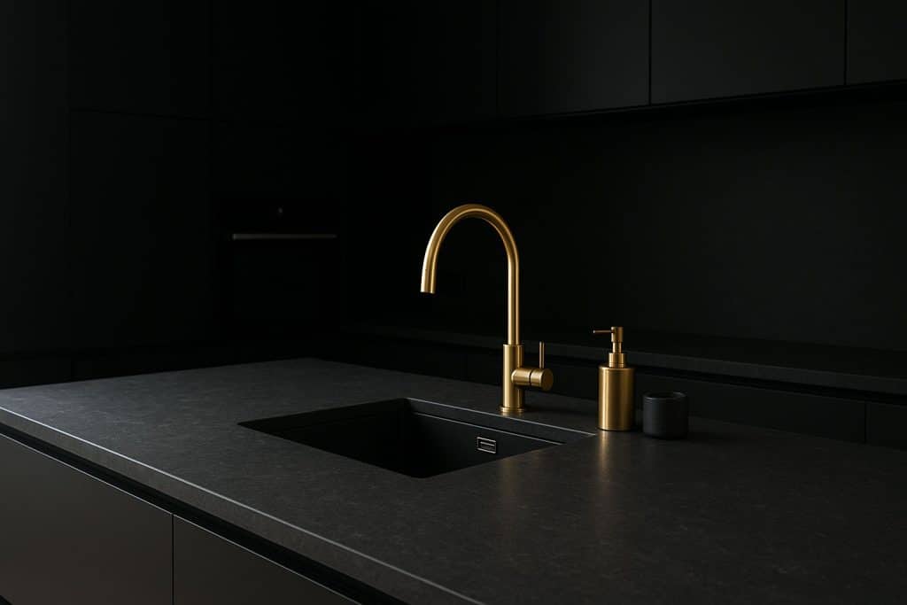 Eco benchtops southern night benchtop with brushed brass taps